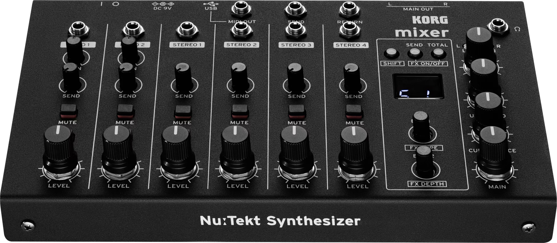 A Korg Nu:Tekt Synthesizer audio mixer unit in matte black, featuring multiple rotary knobs, switches, and a small LCD display on a clean white background.